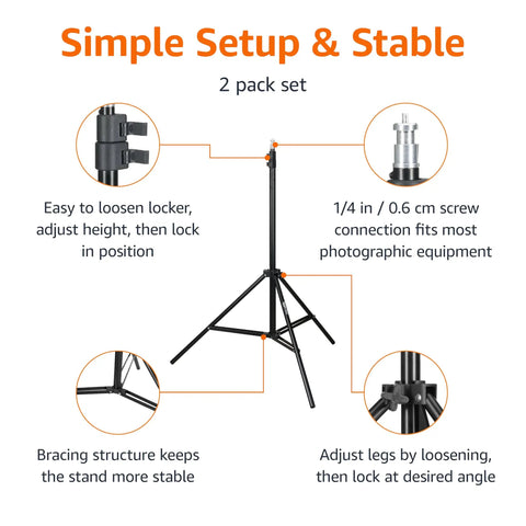 Diagram showing features of Portable Aluminum Photography Light Stand Set With Case, Adjustable 2.8-6.7 Feet, Dual Stands For Lighting, Strobe, Backdrops, 1/4-Inch Screw, Black Finish, Pack Of 2 including adjustment mechanisms.