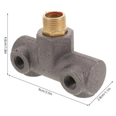 Heavy Duty Cast Iron Four Way Air Compressor Manifold Block in side view showing male threads and dimensions