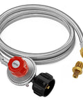 Front view of 5ft braided stainless propane regulator hose with red adjustable knob and brass fittings