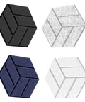 Four hexagonal acoustic foam tiles in black, white, navy, and gray for soundproofing, part of 12 Pack Hexagonal Acoustic Wall Panels.