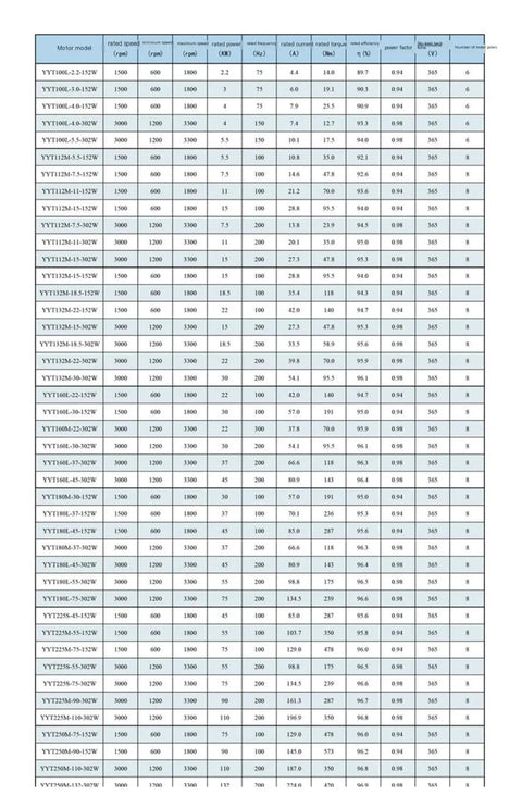 Datasheet showing technical specifications for Beefy Three Phase AC Permanent Magnet Synchronous Variable Frequency Drive Motor 22 kW.
