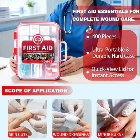 400 Piece First Aid Kit With Dual Layer Wall Mount Case For Home Car Travel Camping Hiking Truck Office Sports And Outdoor Emergencies Ready To Grab And Go visible
