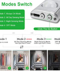 Close-up of Lit 160 LED Motion Sensor Closet Lights battery modes switch with wardrobe demo, showing "4 Modes" button details.