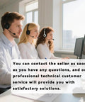 Customer service team with headsets assisting clients at computers.