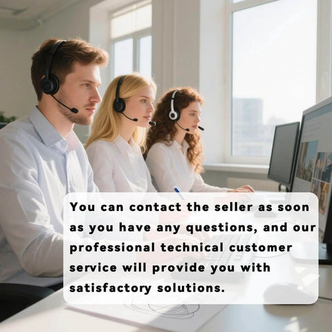 Customer service team with headsets assisting clients at computers.