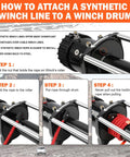 Instructions on attaching Three Eighth Inch Sixty Foot Synthetic Winch Rope With Dyneema Core 19,854 Lb Capacity to winch drum.