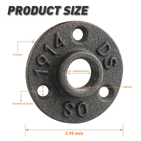 1-Inch Floor Flange Set For Rustic Industrial DIY Projects, Built-To-Last Malleable Iron Pipe Fittings With Threaded Holes, 20 Pack showing dimensions