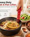 Heavy Duty 3 In 1 Kitchen Lift Tool With Sure Fire Non Slip Heat Safe Grip For Holding Bowls Casseroles Pot Lids And Bottle Caps Quick Mixing Sidekick And Serving Essential In Bright Red with large jaw lifting a hot pot of stew.