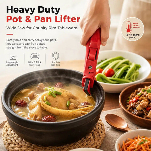 Heavy Duty 3 In 1 Kitchen Lift Tool With Sure Fire Non Slip Heat Safe Grip For Holding Bowls Casseroles Pot Lids And Bottle Caps Quick Mixing Sidekick And Serving Essential In Bright Red with large jaw lifting a hot pot of stew.