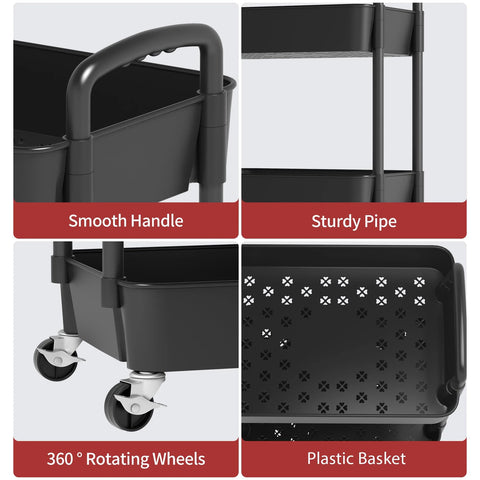 3 Tier Plastic Rolling Utility Cart With Handle For Office Kitchen And Living Room, close-up of black wheels and handle.
