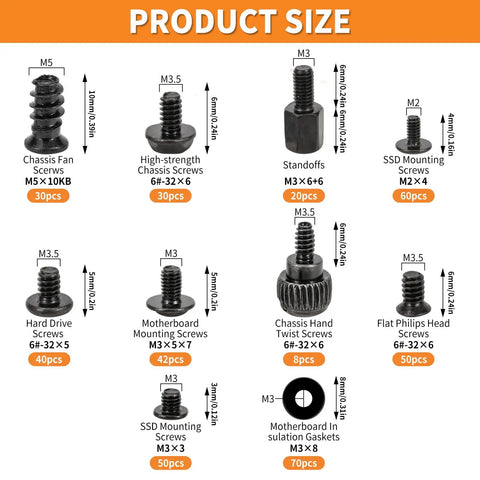 Heavy Duty Computer Screw Organizer Kit Featuring Motherboard Standoffs And Ssd Hardware Fasteners For Tight Fits And No Sweat Pc Builds And Quick Repairs, detailed size chart of various screws.