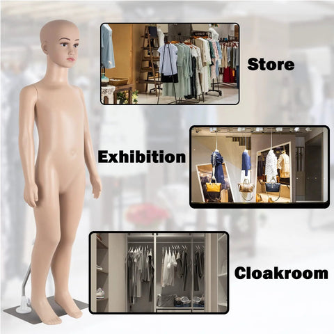 Child mannequin, 43.3 inches tall, full-body gender-neutral display with adjustable head on a metal base.