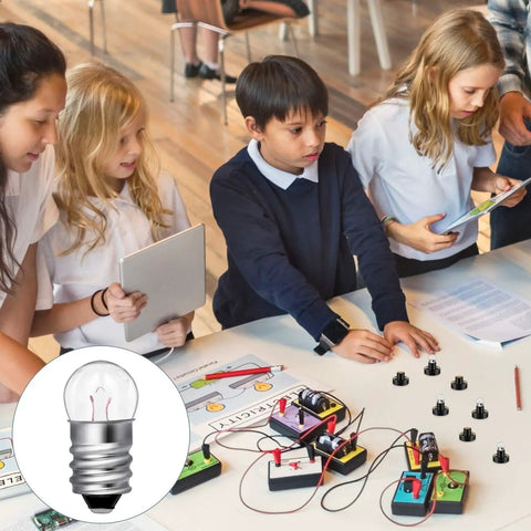 Children conducting experiments with E10 Mini Bulbs With Socket Holder 1.5V 0.3A Warm White Lighting For DIY Projects.