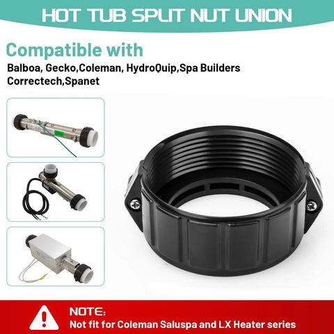 Front view of black plastic 2-inch spa hot tub heater pump union nut with screw, gasket and O-rings.