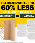 Comparison of a green packing cushion wrap roll with plastic bubble wrap, showing 60% less material usage for the same fill.
