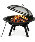 Heavy Duty Round Steel Wood Burning Fire Pit For Backyard And Patio Or Camping Bonfires 28 Inch Black Finish With Mesh Spark Screen And Hook