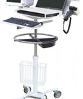 Top Shelf Mobile Rolling Desk Workstation Featuring Adjustable Laptop Stand And Smooth Riding Wheels For Ultimate Grab And Go Clinical Tech Hustle Setup with medical monitor and keyboard.
