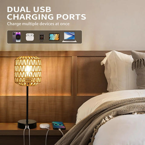 Rustic Rattan Table Lamp With Handmade Woven Shade, Dimmable Touch Control Boho Nightstand Light beside a bed with USB charging ports.