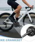 Cyclist riding mountain bike with insert image of Bike Crankset 24 34 42T 170mm Square Taper for 3x7 3x8 3x9 speed.