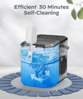 Silinn countertop ice maker with blue transparent water tank, white scoop, black lid and carry handle.