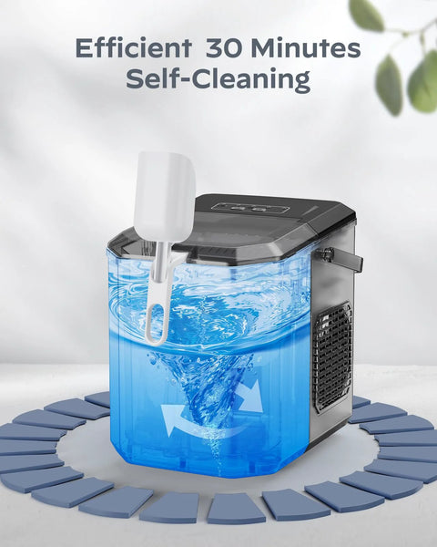 Silinn countertop ice maker with blue transparent water tank, white scoop, black lid and carry handle.