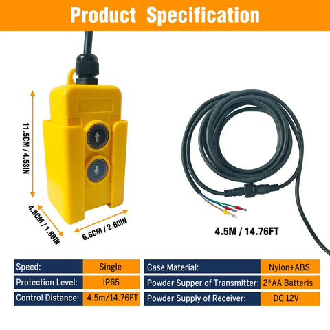 3 Wire Dump Trailer Remote Control Switch 12V DC For Single Acting Hydraulic Pump, yellow ABS body, 15ft cable with buttons