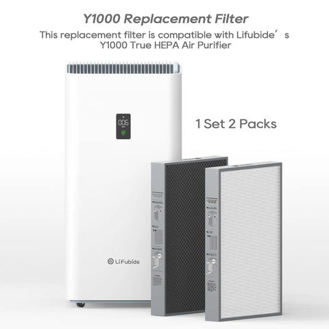 Y1000 Air Purifier Replacement Filter 2-In-1 H13 True HEPA and Activated Carbon Set 2-Pack displayed with air purifier unit