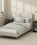Bedroom with bed and two 3 Tier Open Storage Nightstand With Turn N Tube Poles, Sleek Americano Black Bedside Tables on either side.