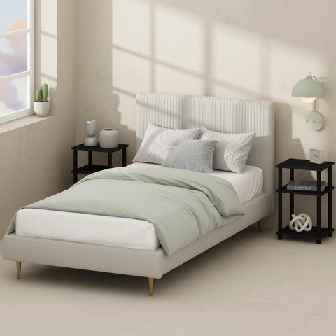 Bedroom with bed and two 3 Tier Open Storage Nightstand With Turn N Tube Poles, Sleek Americano Black Bedside Tables on either side.