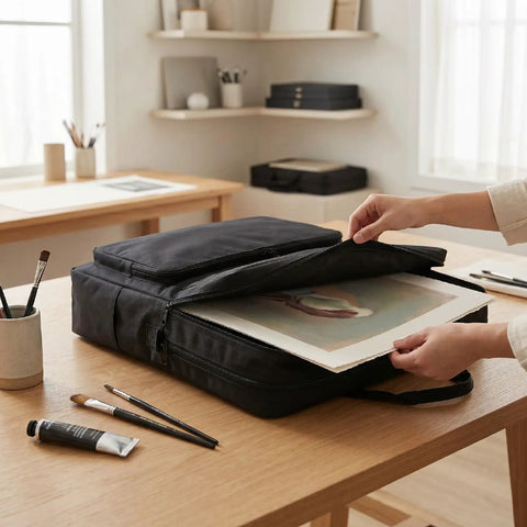 Person placing artwork into black carrying case on wooden table, room with art supplies visible, featuring rugged solar panel carrying case