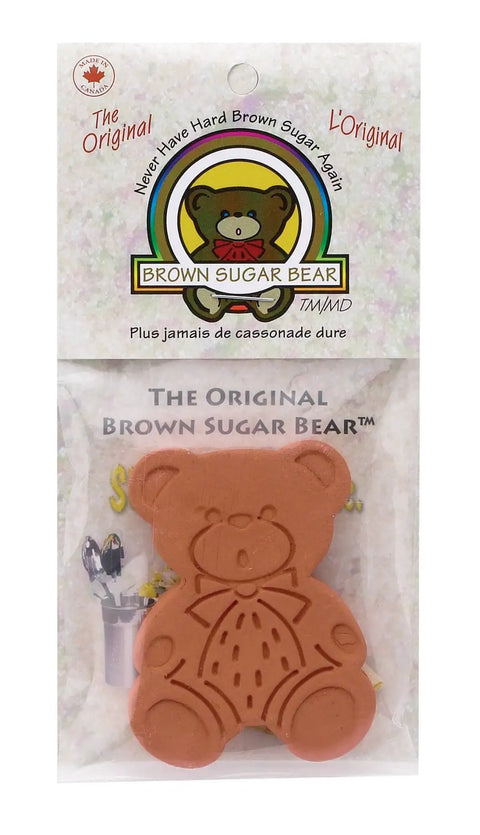 Two Pack Terracotta Brown Sugar Saver shaped as a bear in packaging, keeps brown sugar moist for months, ideal for baking.