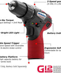 G12 Series 12V Cordless Ratchet Wrench And Compact Drill Driver Combo Kit with ergonomic grip, battery indicator, and speed settings.