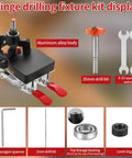 Hinge drilling kit with 35mm concealed hinge jig, aluminum alloy construction, 35mm and 2mm drill bits, quick clamps displayed