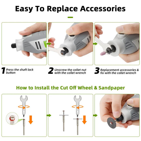 Guide showing accessory replacement for Powerful Rotary Tool Kit With Flex Shaft 200W Motor 6 Speed Levels From 10000 To 40000 RPM 239 Piece