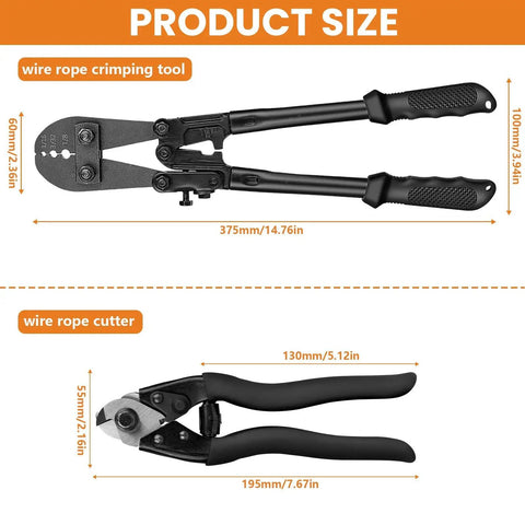 Heavy Duty Wire Rope Crimping Tool Kit with 14 Inch Swaging Tool and Wire Rope Cutter for One Sixteenth to One Eighth Inch Crimping Loop Sleeves Cable Crimper All in One Pro Grade Set for Aluminum and Copper Sleeves product size display