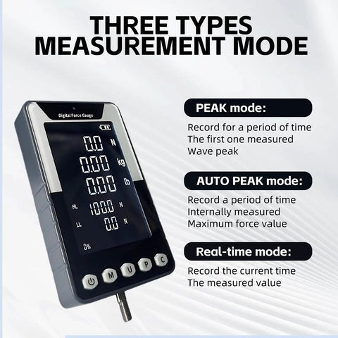 Large Screen Digital Force Gauge 1000N Push Pull Meter With Data Output Real Time And Peak Value Modes First Peak Toggle Dual Kg And Lb Display Screen Flip Function Zero Point Five Percent Accuracy Beast Tension And Compression Tester showing three measurement modes