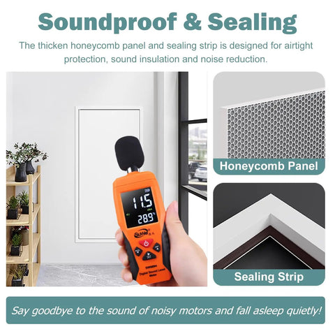 Built Tough Drywall Access Panel With Quiet Honeycomb Core And Noise Blocking Rubber Seals For Attic Plumbing Covers 16X28 Inch heavy-duty aluminum hatch door in interior setting.