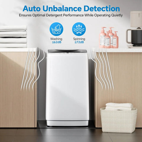 Compact Portable Washing Machine With Full Automatic 1.06 Cubic Feet Capacity And 10 Wash Cycles Smooth Quiet Design For Apartment Living showing auto unbalance detection.