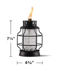 Tabletop Metal Torch Lanterns Two Pack for Outdoor Patio Garden and Backyard, glass with black metal cage, lit flame