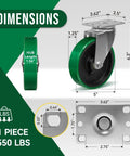 Dimensions and details of Heavy Duty 5 Inch Polyurethane On Steel Caster Wheels Set Of 4 Swivel Casters With 2200 Lb Capacity