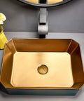 Top Shelf Ceramic Vessel Sink For Bathroom Countertops, Slick Polished Porcelain Art Basin With Built Tough Scratch Guard, Fuss Free Daily Cleanup, Practical Above Counter Vanity Wash Bowl - gold interior, angled view