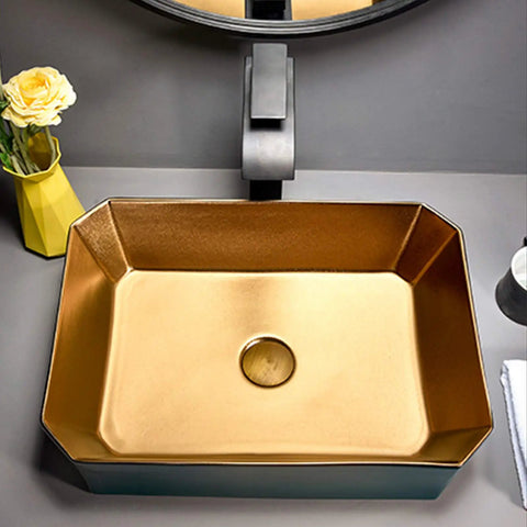 Top Shelf Ceramic Vessel Sink For Bathroom Countertops, Slick Polished Porcelain Art Basin With Built Tough Scratch Guard, Fuss Free Daily Cleanup, Practical Above Counter Vanity Wash Bowl - gold interior, angled view