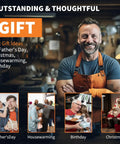 Man in workshop promoting gifts for Father's Day, Christmas, Housewarming, Birthday with various gift images.