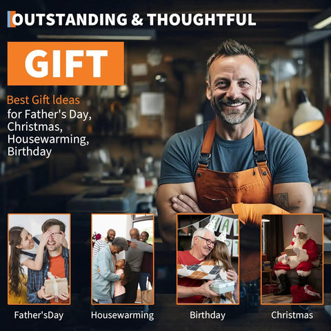 Man in workshop promoting gifts for Father's Day, Christmas, Housewarming, Birthday with various gift images.