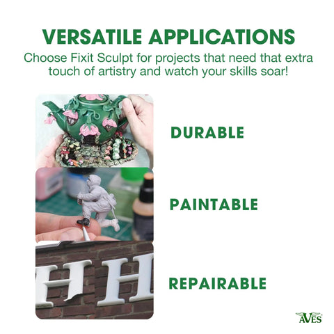 Fixit Sculpt 2 Part Epoxy Modeling And Repair Compound for sculpting and repairs with examples of durability, paintability, and reparability.
