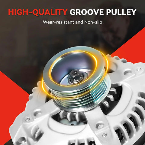Close-up of heavy duty alternator pulley for Honda and Acura vehicles, focus on wear-resistant, non-slip groove.
