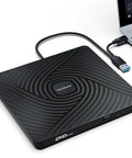 Ultra Slim External CD DVD Drive Type C 3.0, Plug And Play Portable Optical Drive, 13mm Thick, Travel Friendly For Laptops And Desktops, No Power Adapter Needed, Perfect For The On The Go Data And Media black USB-C drive connected to laptop