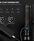 Beast Bright 99000 Lumens LED Flashlight with USB-C charging port, showing charging status indicators, 9.76 inches tall