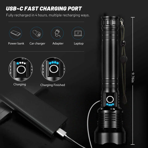 Beast Bright 99000 Lumens LED Flashlight with USB-C charging port, showing charging status indicators, 9.76 inches tall