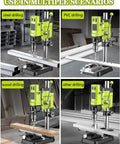 Piefeak 880W Bench Drill Press Machine With Vise Electric Pillar Drill Stand showing steel, PVC, wood, and other drilling scenarios.